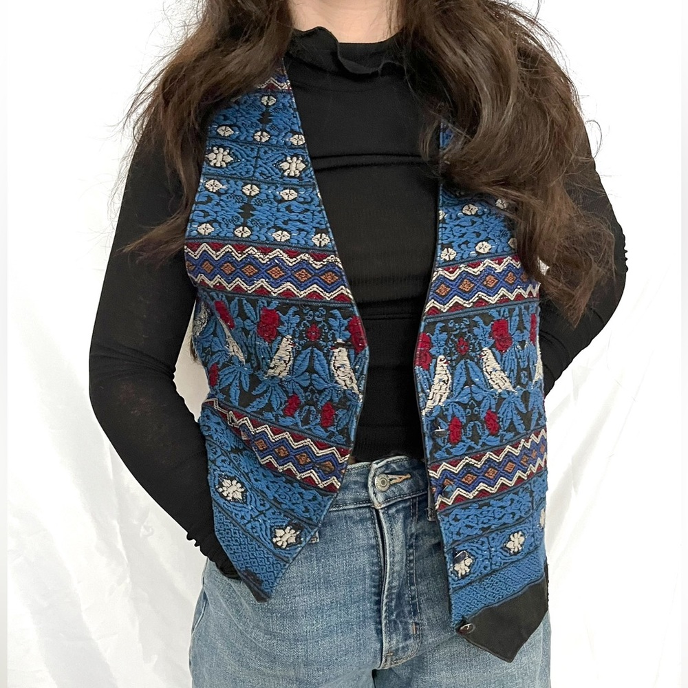 Vintage Tapestry Style Vest Waistcoat - Floral & Bird Motif,‎ Made in Guatemala